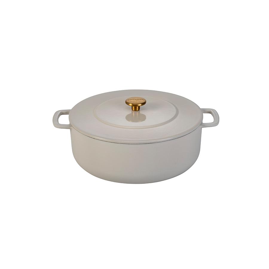 Combekk støbejernsgryde 28 cm – sand med guldfarvet knop