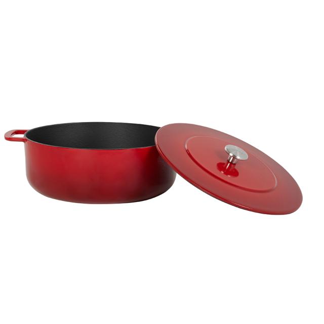 Combekk støbejernsgryde 28 cm – cherry med guldfarvet knop