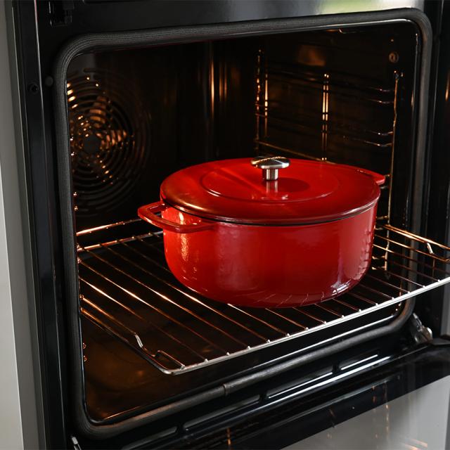 Combekk støbejernsgryde 28 cm – cherry med guldfarvet knop