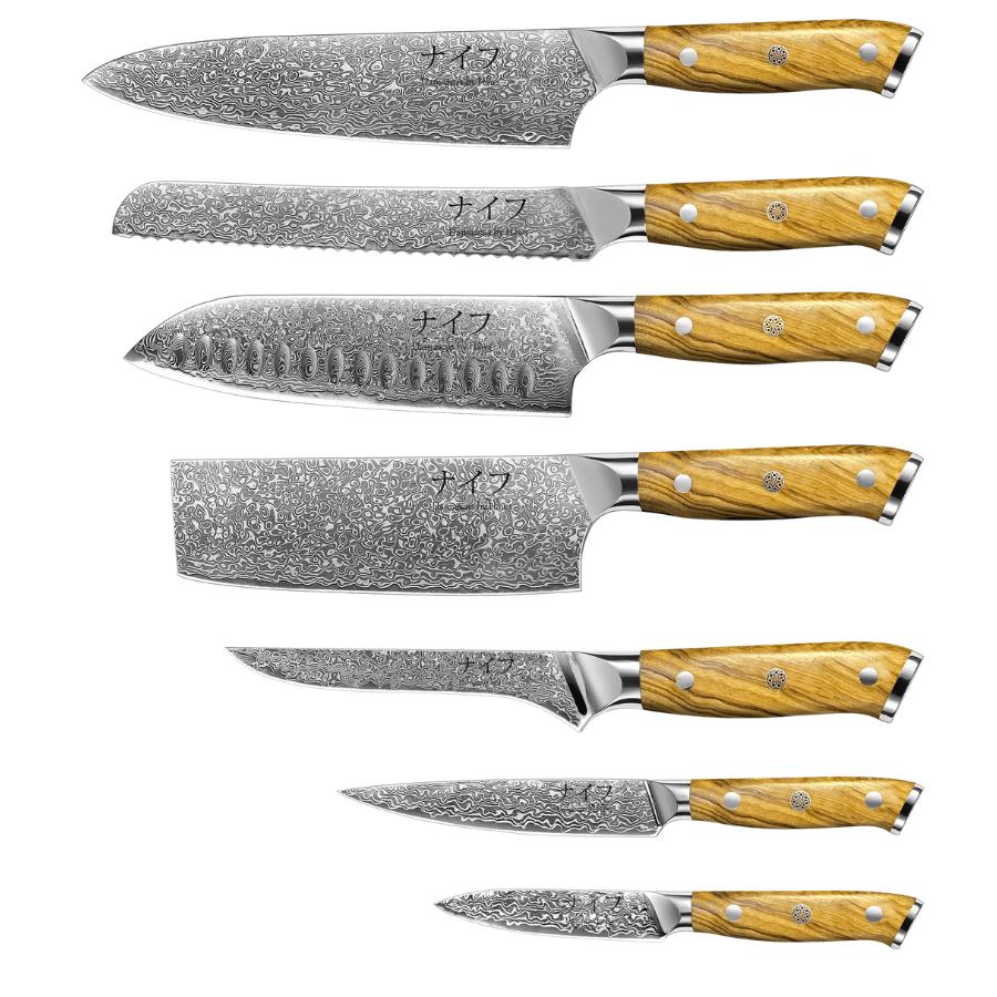 Damascus by hâws knivsæt – 7 dele, oliven